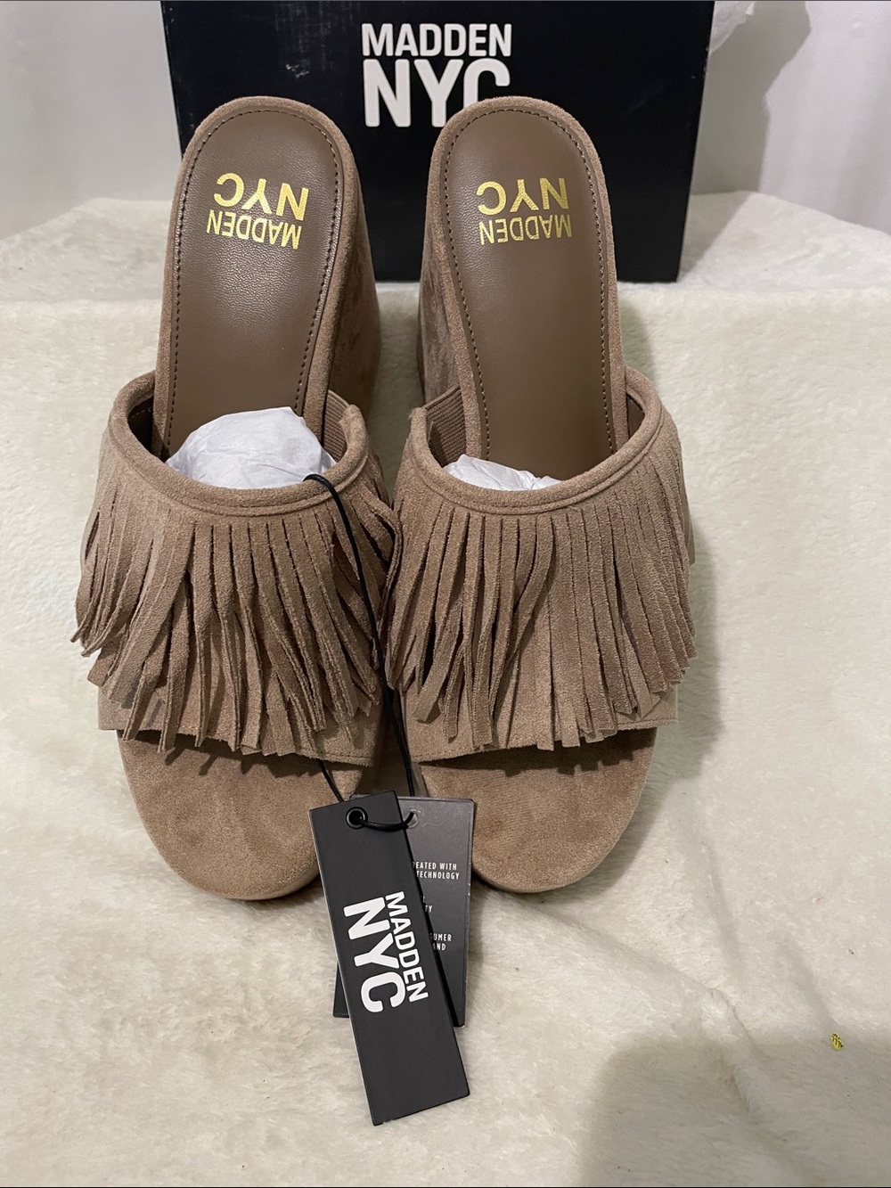 Madden NYC Women's Tan Suede BOHO Fringe Wedge Slides - Picture 4 of 16